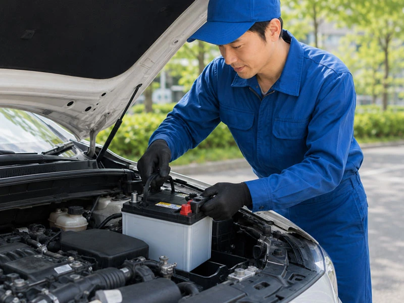 車のボンネット内でバッテリー交換作業を行っている様子
